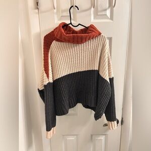 Pol Sweater Women's Medium Striped Knit Turtleneck Open Knit Chenille Cropped